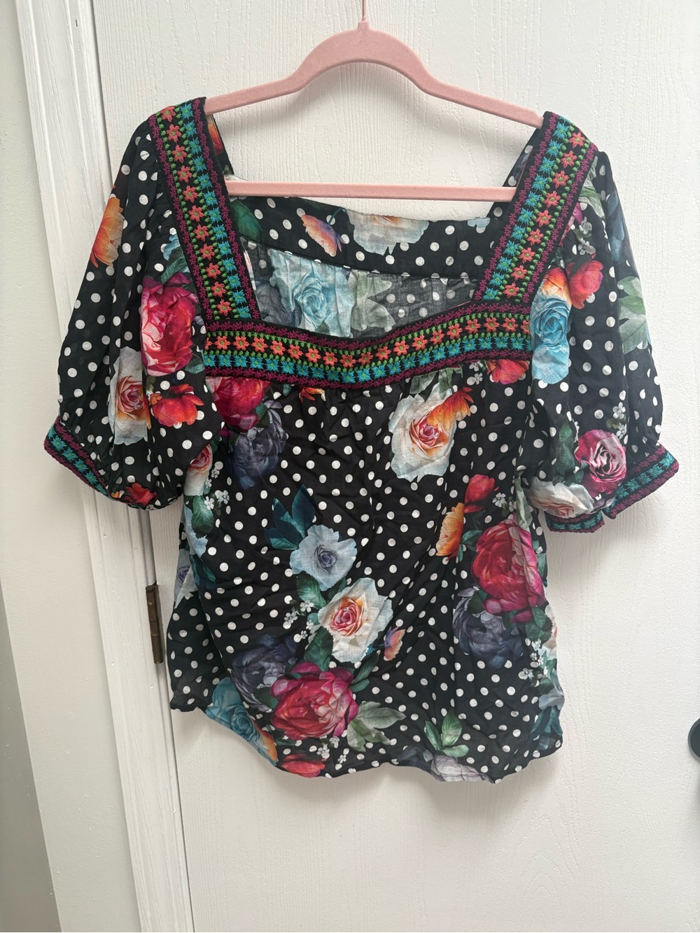 Johnny Was Black Polka Dot Floral Square-Neck Blouse with Multicolor Roses